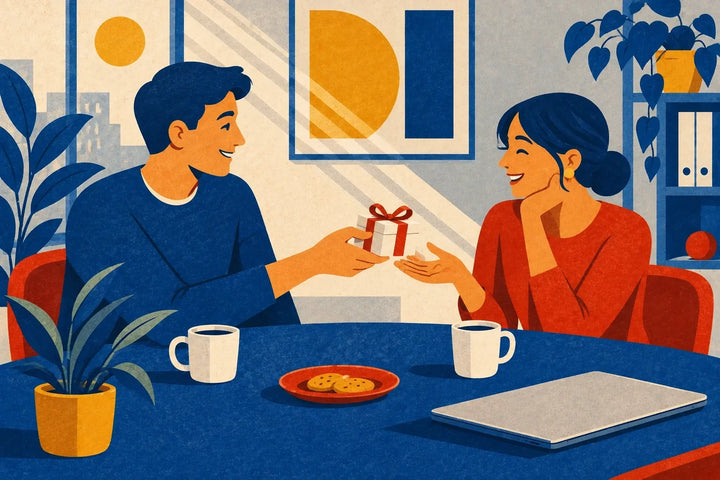 Deux collègues amis s’offrent un petit cadeau pendant la pause café.