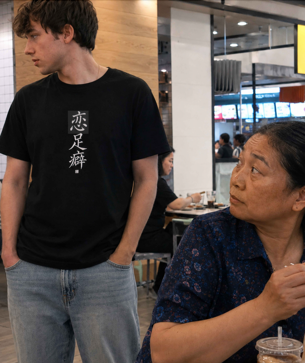 恋足癖 (Fétichisme des pieds) - T-shirt drôle calligraphie chinoise
